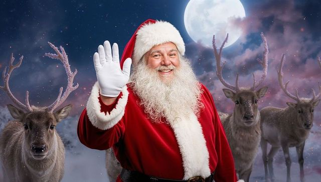 Merry Santa Greeting with Reindeer Under Full Moon
