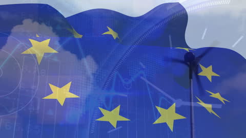 European Union Flag Overlay with Data and Wind Turbine