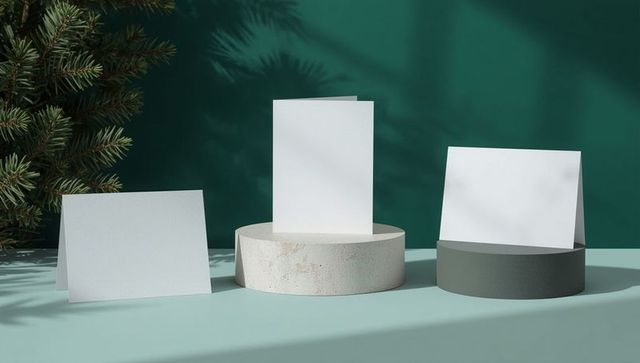 Minimalist card display with nature-inspired backdrop for product presentation