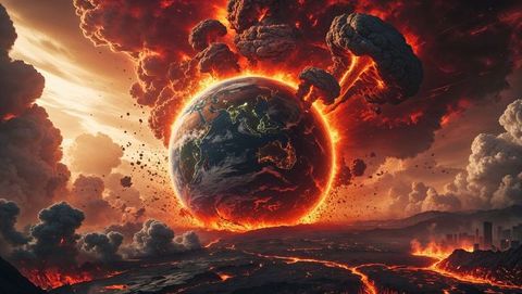 Dramatic apocalypse scenario with earth erupting lava