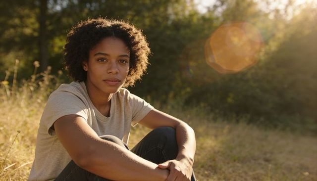 Young woman sitting in sunlit meadow gazing calmly with warm lens flare outdoors