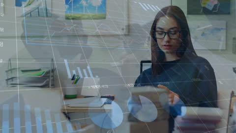 Overlapping Financial Data Visuals with Focused Businesswoman in Office