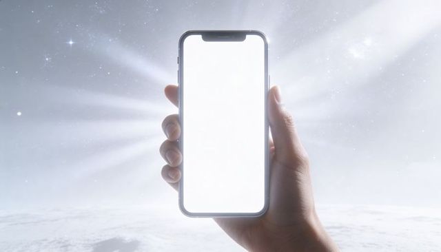 Hand holding glowing smartphone over lunar landscape with starfield and futuristic glow
