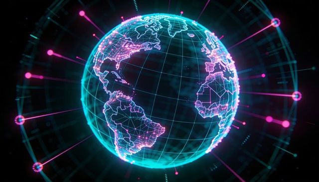 Neon cyber globe showing global network connections with futuristic hud and data nodes