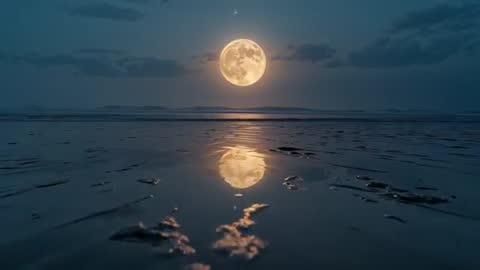 Full Moon Reflected in Shimmering Shoreline Waves