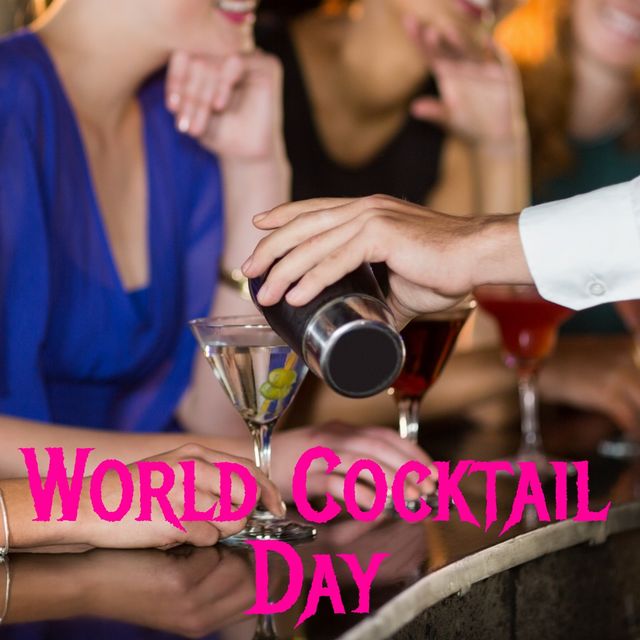 World cocktail day text banner against against bartender pouring drink into a glasses at bar. world cocktail day awareness concept