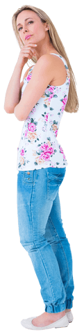 Thoughtful blonde woman in casual outfit on transparent background