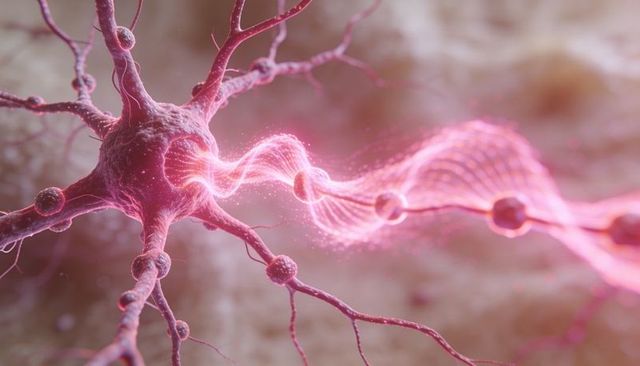 Glowing Neuron Transmitting Synaptic Wave Along Axon with Fluorescent Nodes in Neural Tissue