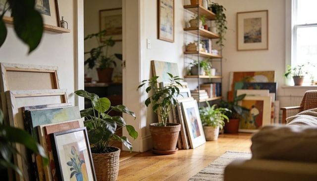 Cozy living room showcasing stacked framed paintings, terracotta pots and wooden shelving
