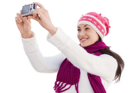 Winter Woman Taking Photo on Transparent Background