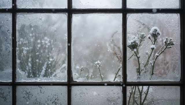 Framing snowy stems through frosted multi-pane window with delicate ice crystals