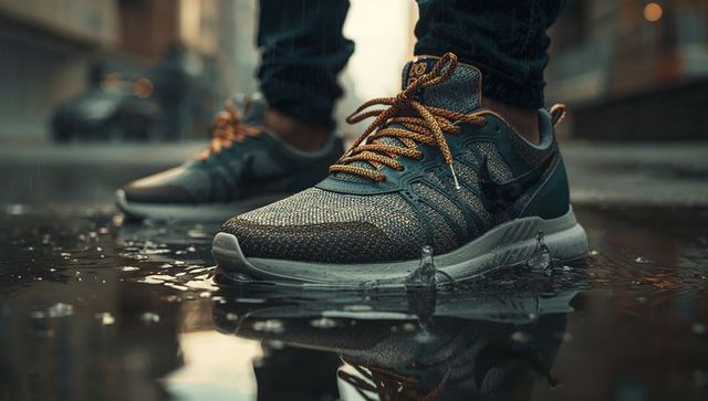Urban sneaker splashing in puddle with golden laces, knit texture and wet reflection