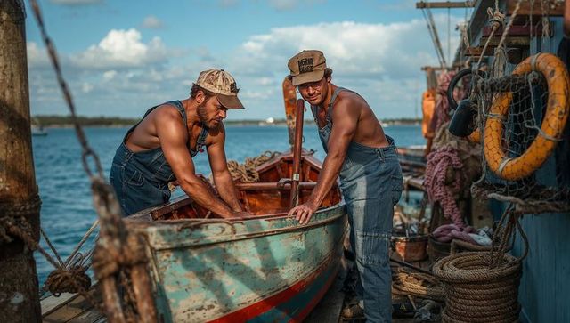 Hardworking fishermen wearing denim overalls repairing weathered wooden boat on dock