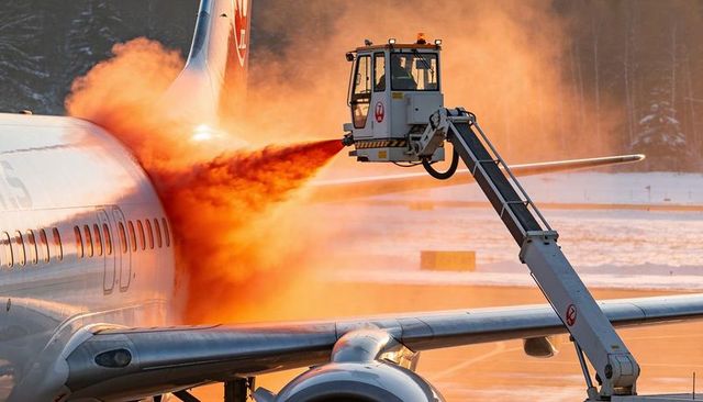 Sunrise airport deicing operation spraying orange fluid on jet tail from elevated boom