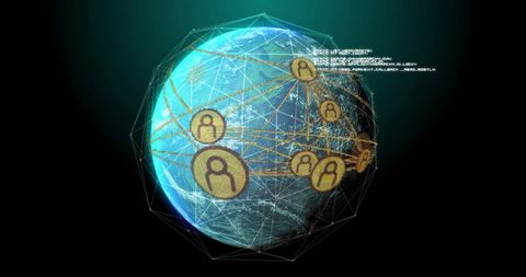 Holographic global network globe with golden avatars, data streams and wireframe matrix