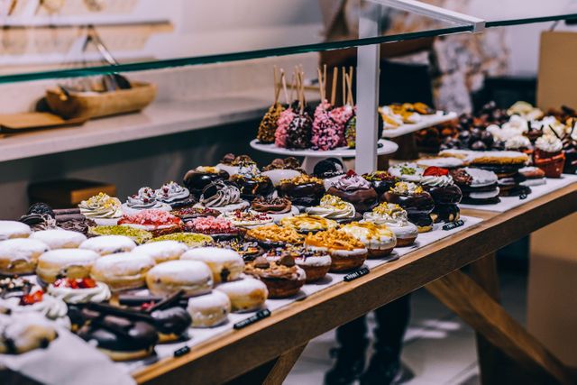 Delicious array of donuts and pastries on wooden table in bakery setting, appealing visual of variety and color. Perfect for illustrating bakery, dessert options, food diversity, menu presentations, confectionery promotions, or social media posts celebrating sweet treats.