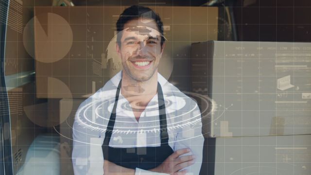 Smiling caucasian delivery man wearing white shirt and apron giving thumbs up gesture with an overlay of digital data and holograms. Perfect for illustrating the integration of modern technology in logistics, marketing material for logistics apps, or futuristic business concepts.