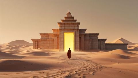 Monk Walking Towards Sacred Temple in Desert at Sunset