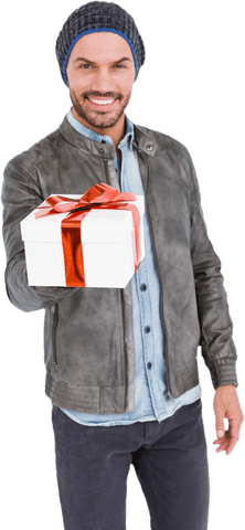 Smiling man presenting gift in casual outfit transparent background