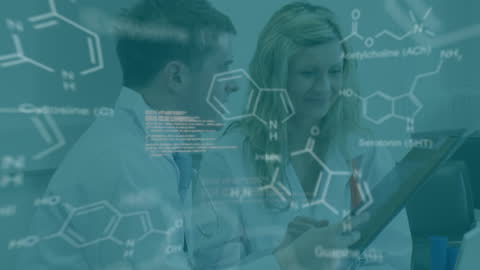 Medical Professionals Analyzing Data with Scientific Graphics Overlay