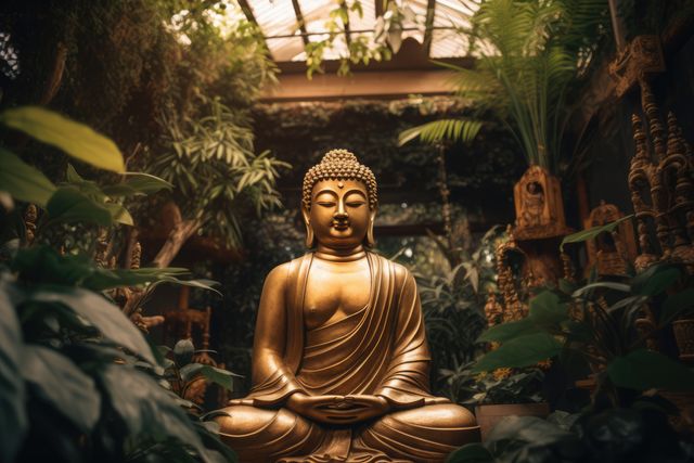 Golden Buddha statue seated in meditative pose surrounded by lush green tropical foliage. Ideal for representing tranquility, spirituality, and meditation in yoga and wellness articles, Asian art features, travel blogs highlighting serene locations, and interior design inspirations focusing on peaceful spaces.