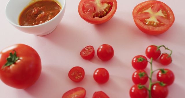 Image of fresh red tomatoes and tomato sauce with copy space on pink background - Download Free Stock Photos Pikwizard.com