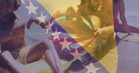 Joyful friends enjoying day at beach with fun water activities