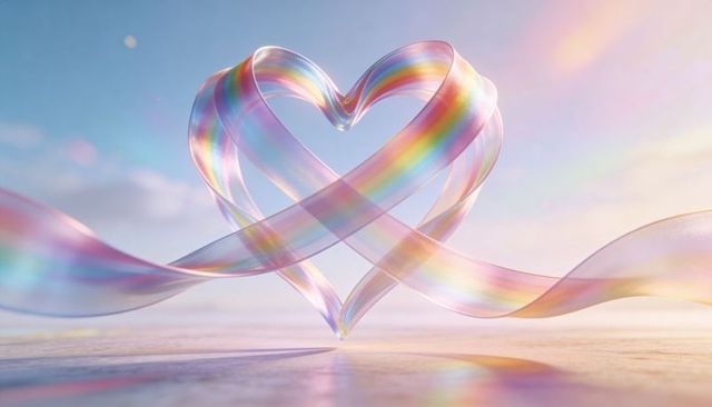 Floating iridescent ribbon heart forming glasslike rainbow prism over pastel reflective horizon