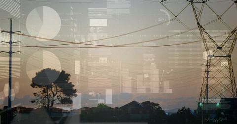 Power Lines with Data Overlay Illustrates Infrastructure Analytics