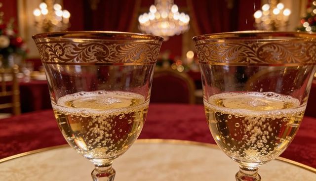 Pair of gold-trimmed glasses toasting with champagne in luxurious ballroom ambience