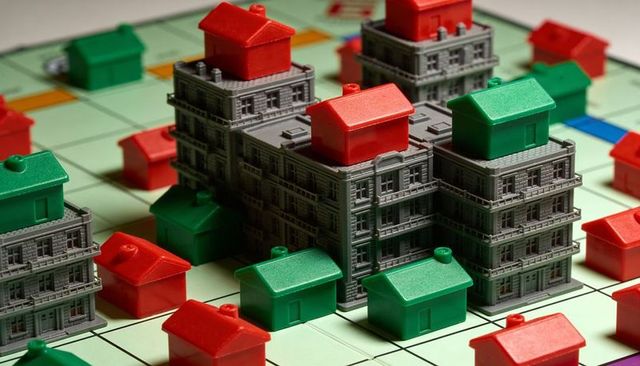 Illustrating board game real estate concept with stacked buildings and red green houses