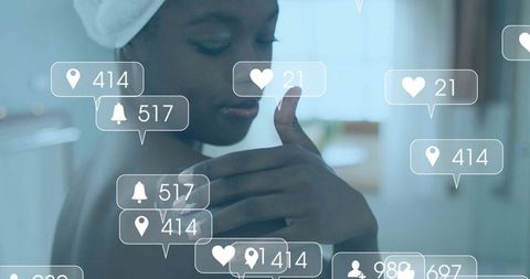 Woman Examining Skin at Vanity with Skincare Routine and Social Media Notification Overlays