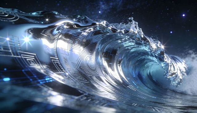 Futuristic metallic wave glowing with circuit traces in cosmic neon ocean reflective surge