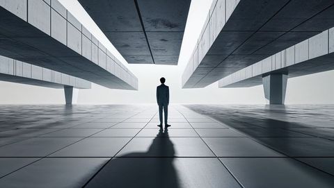 Man in suit standing in futuristic minimalist corridor