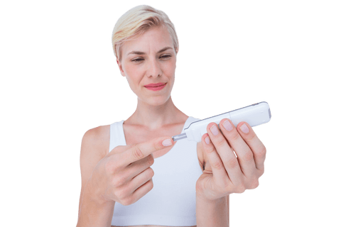 woman checking blood sugar with transparent glucose monitor - Download Free Stock Videos Pikwizard.com