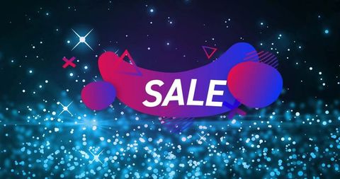 Neon sale banner featuring magenta-blue gradient, teal bokeh and sparkling lights
