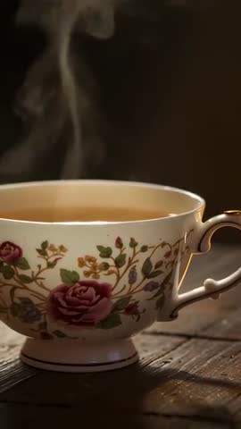 Vertical vintage porcelain teacup releasing steam on wooden table in warm light