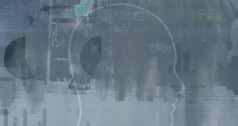 Abstract Head Silhouette with Data Analysis and Walking People