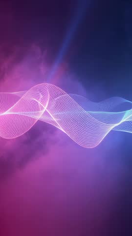 Waving neon ribbon animating over cosmic nebula vertical loop, shifting pink-blue gradient