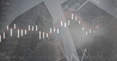 Urban skyline with translucent candlestick chart and red trend line finance visualization