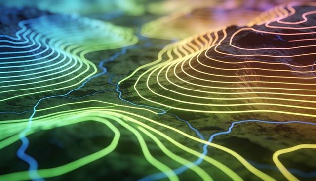 Glowing neon topographic contours mapping 3d terrain with blue river and gradient light