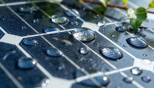 Solar panel glistening with raindrops reflecting green foliage