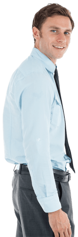 Transparent Smiling Businessman in Formal Attire Standing Confidently