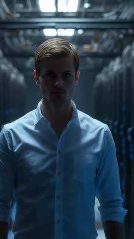 Vertical video of technician walking server aisle inspecting racks and monitoring network uptime