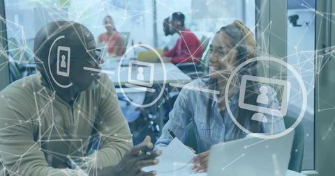 Collaborative teamwork in modern coworking space with digital network overlay