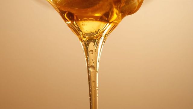 Pouring Golden Honey Forming Viscous Stream and Droplets Macro Closeup with Amber Glow
