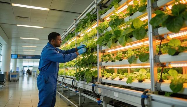 Technician inspecting vertical hydroponic racks in indoor transit terminal with led lights