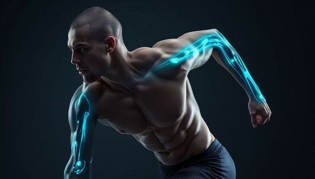 Sprinter lunging with blue neon arm anatomy overlay showing power and motion