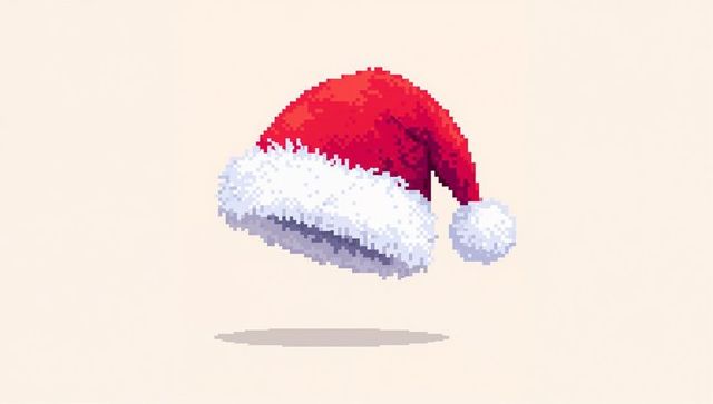 Pixelated santa hat floating on cream background minimal 8-bit holiday icon