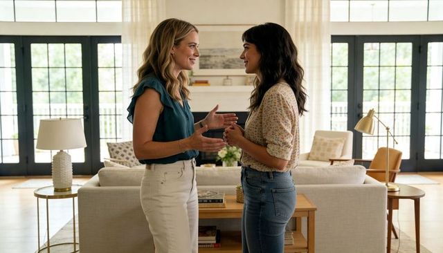 Two women talking in sunlit modern farmhouse living room, friendly conversation